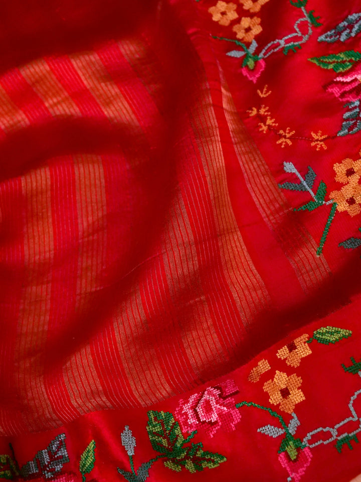 Handwoven Bridal Red Pure Silk Saree with Tissue Stripes Cross Stitch Hand Embroidery Border View 4