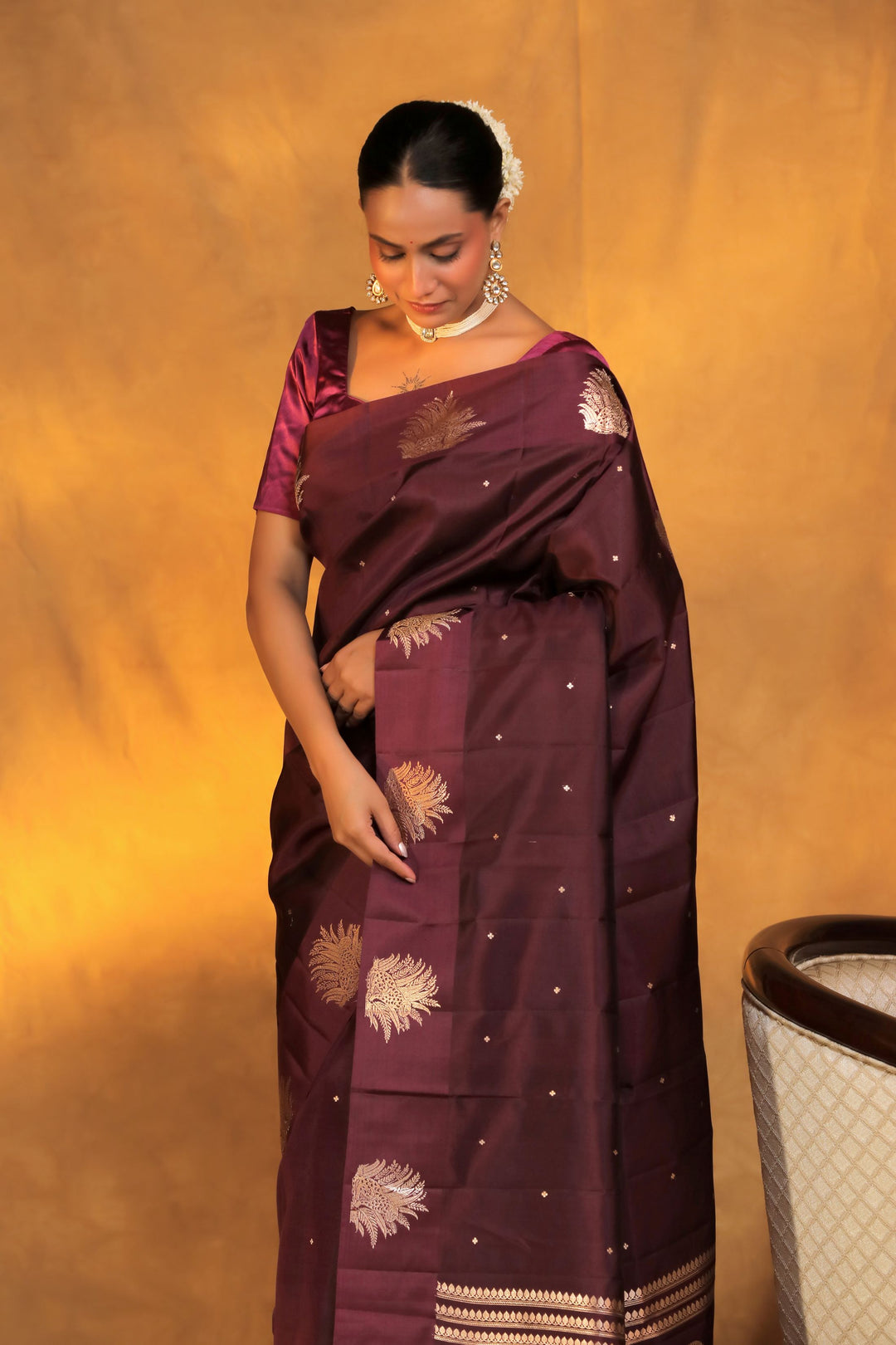 handwoven wine banarasi pure mashru silk leopard motif saree front view 2