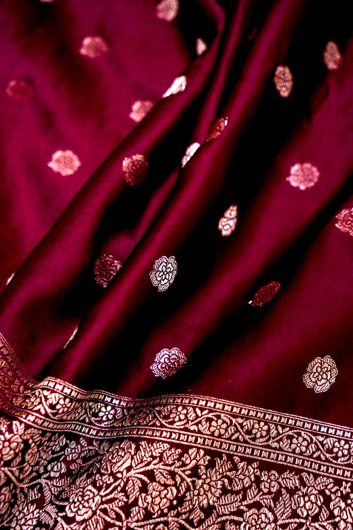 Regal Elegance in Wine Mashru Silk Saree with All-Over Silver Zari Weave