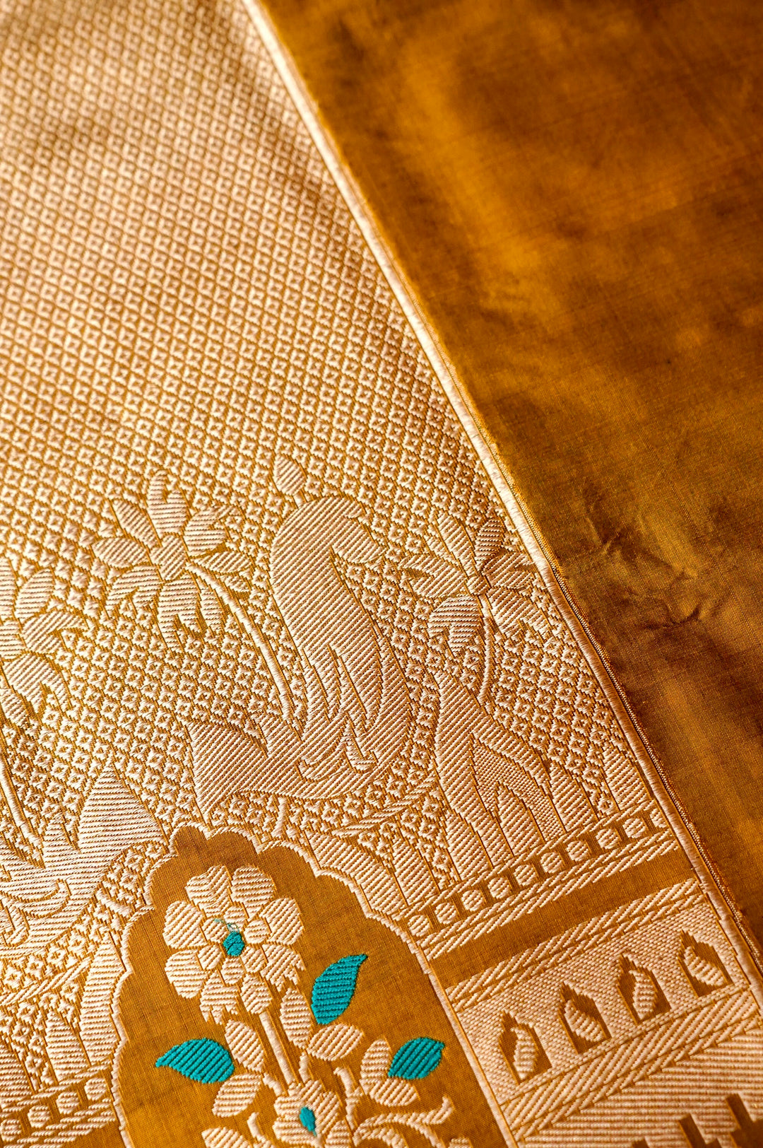 Pure Katan Silk Co-Ord Set Fabric – Royal Floral Heritage Panel | Gold Zari &amp; Meenakari Thread Weave | Mustard Yellow