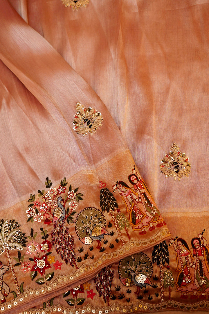 Gulab Meher – Designer Pink Tissue Silk Saree Meenakari Hand Embroidery Work