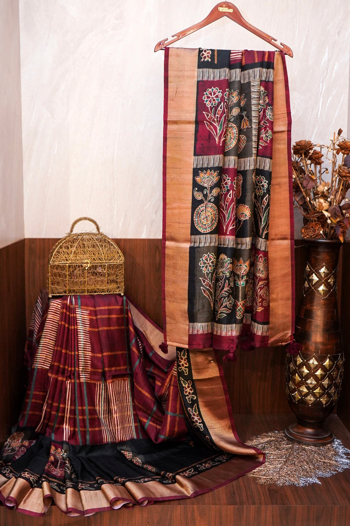 Black Tussar Silk Saree with Elegant Printed Check Pattern
