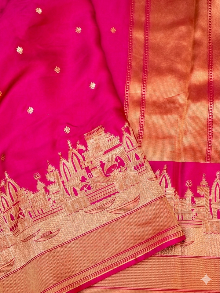 Hot Pink Banarasi Mashru Silk Saree with Ghat Designing Border