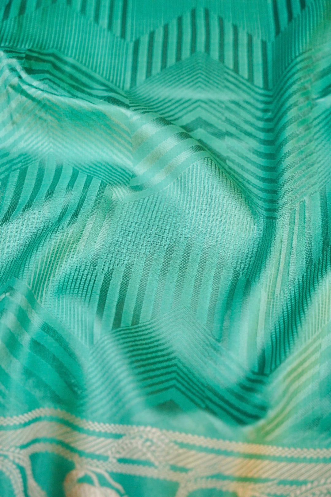 Aqua Green Banarasi Pure Katan Silk Saree – Handwoven with Golden Zari Shikargah Border & Pallu