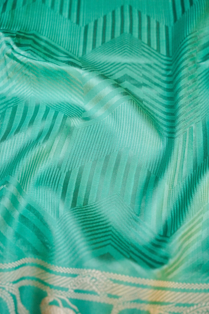 Aqua Green Banarasi Pure Katan Silk Saree – Handwoven with Golden Zari Shikargah Border & Pallu