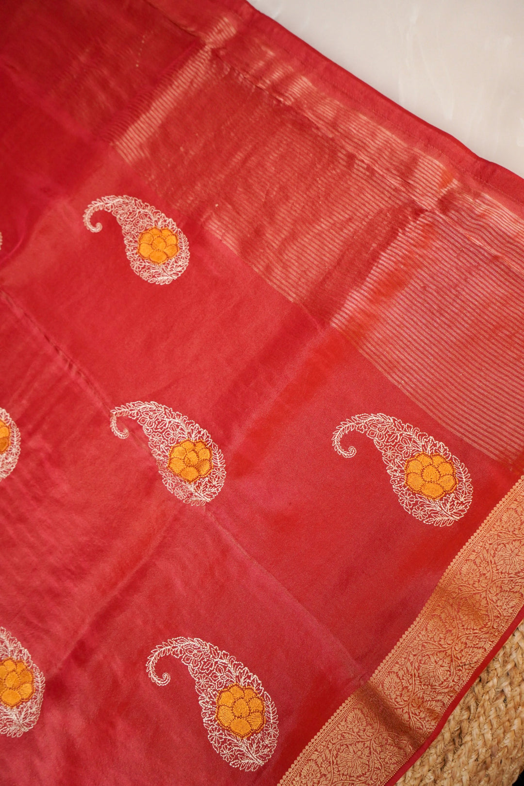 Crimson Red Soft Tissue Saree with Resham Embroidery &amp; Carry Boota