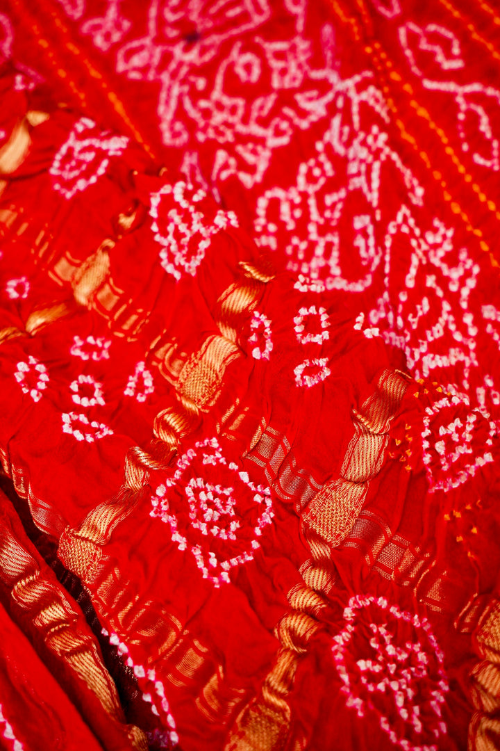 Eternal Bridal Elegance Red Gharchola Silk Saree with Zari Checks & Bandhej Motifs