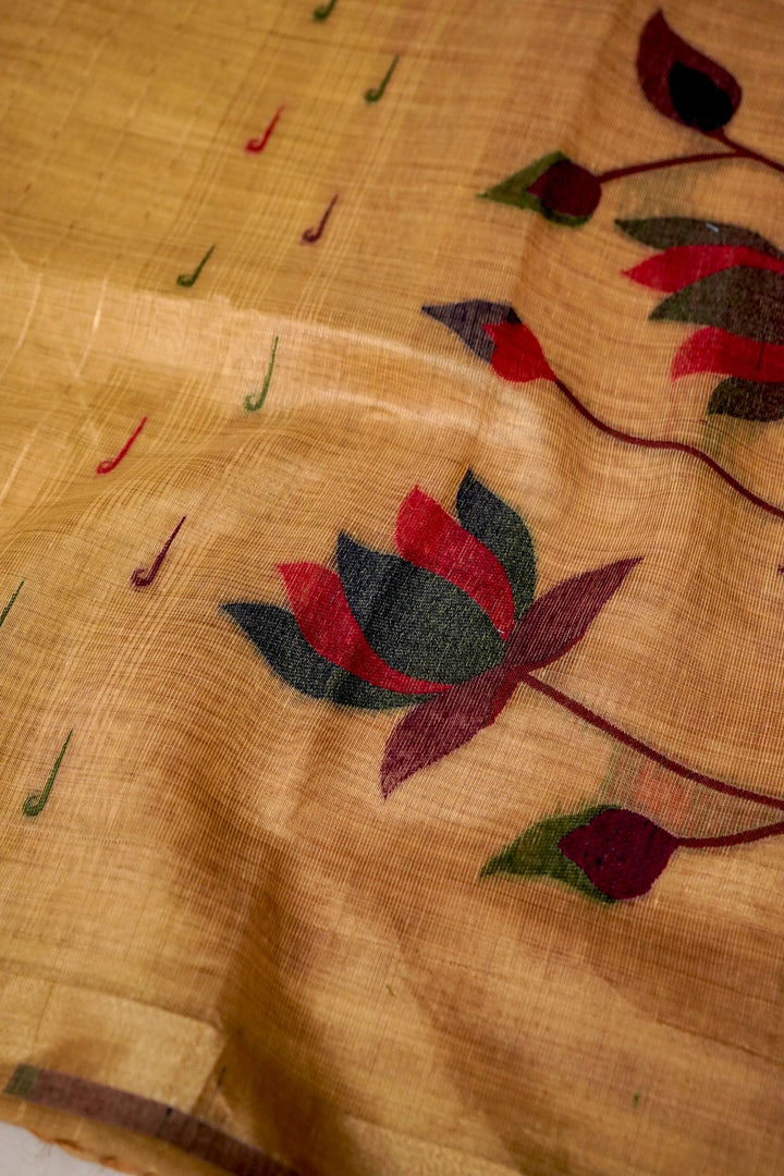 Graceful Beige Cotton Silk Saree with Zari Stripe Weave Paithani Pallu View 1