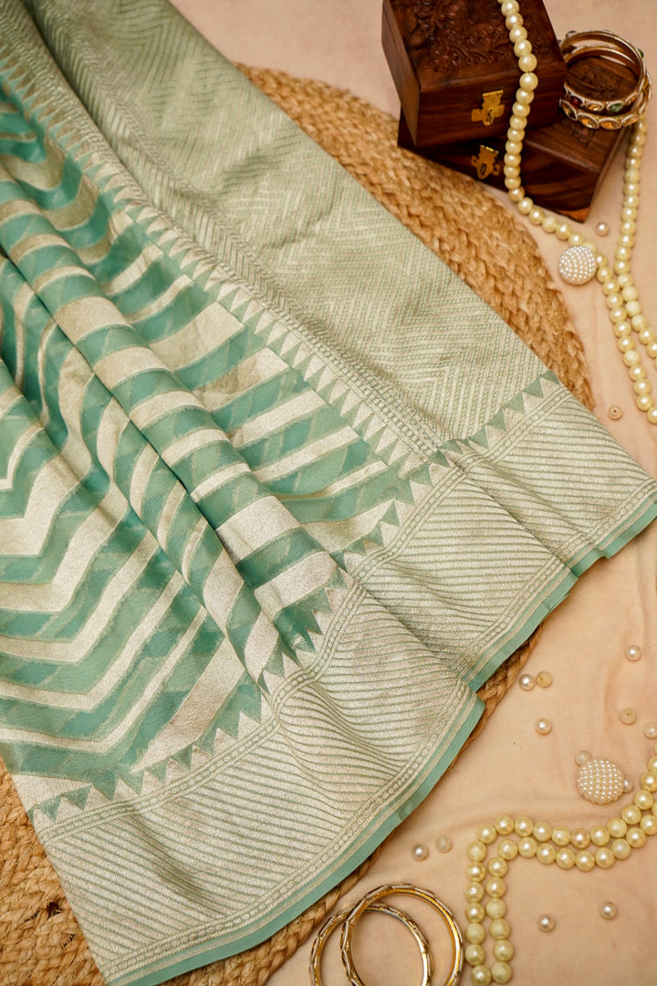 Handwoven Pure Khaddi Georgette Sage Green Chevron Pattern Saree View 1