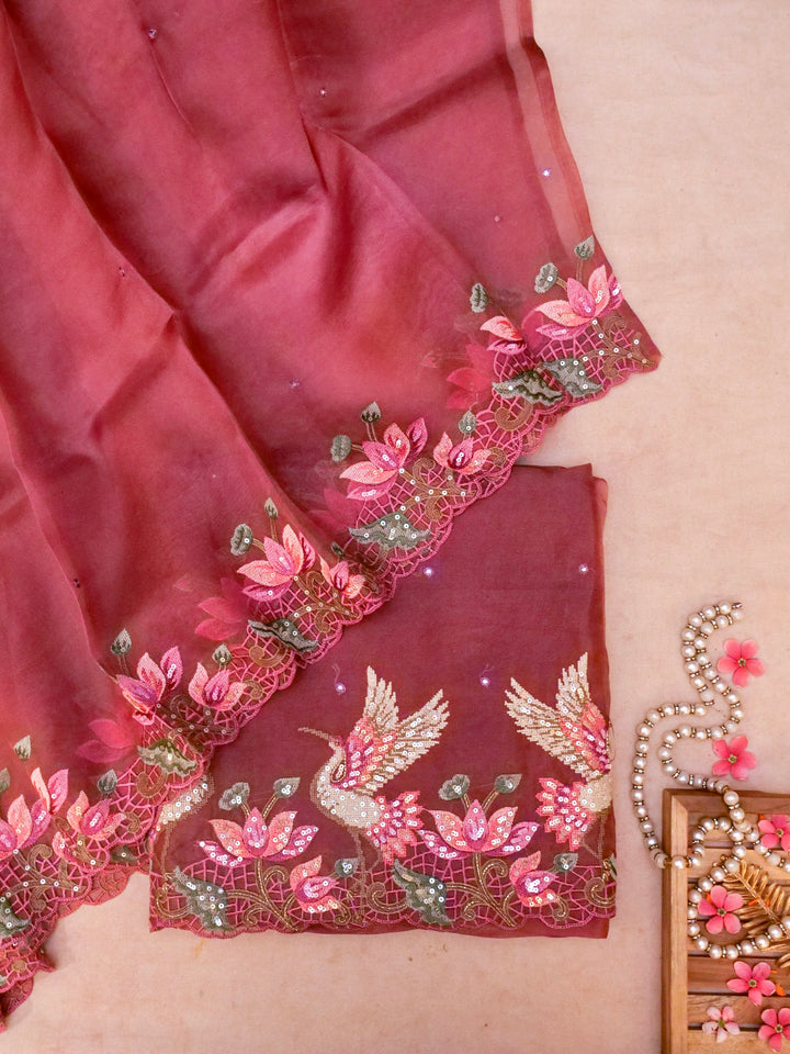 Handwoven Mauve Pure Organza Suit with Hand Resham Sequin Embroidery View 1