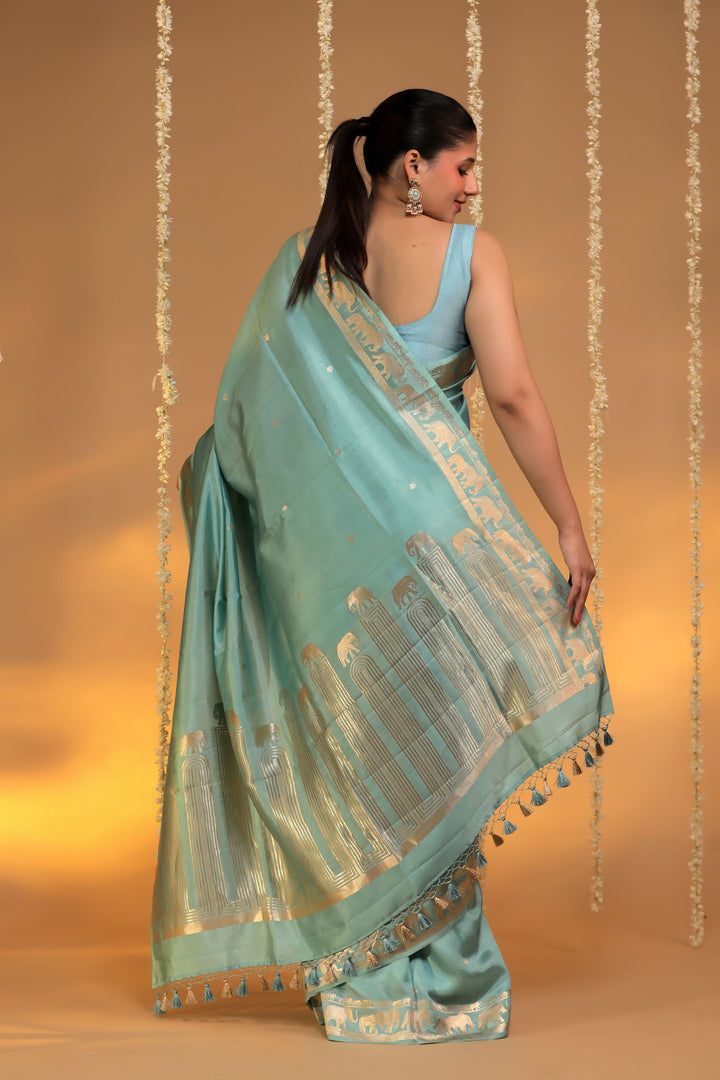 handwoven pastel green banarasi pure mashru silk elephant motif saree back view
