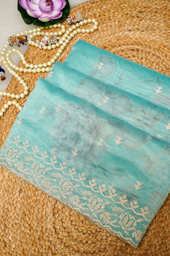Sea Green Tissue Saree with Cross Stitch Resham Embroidery & Appliqué Work