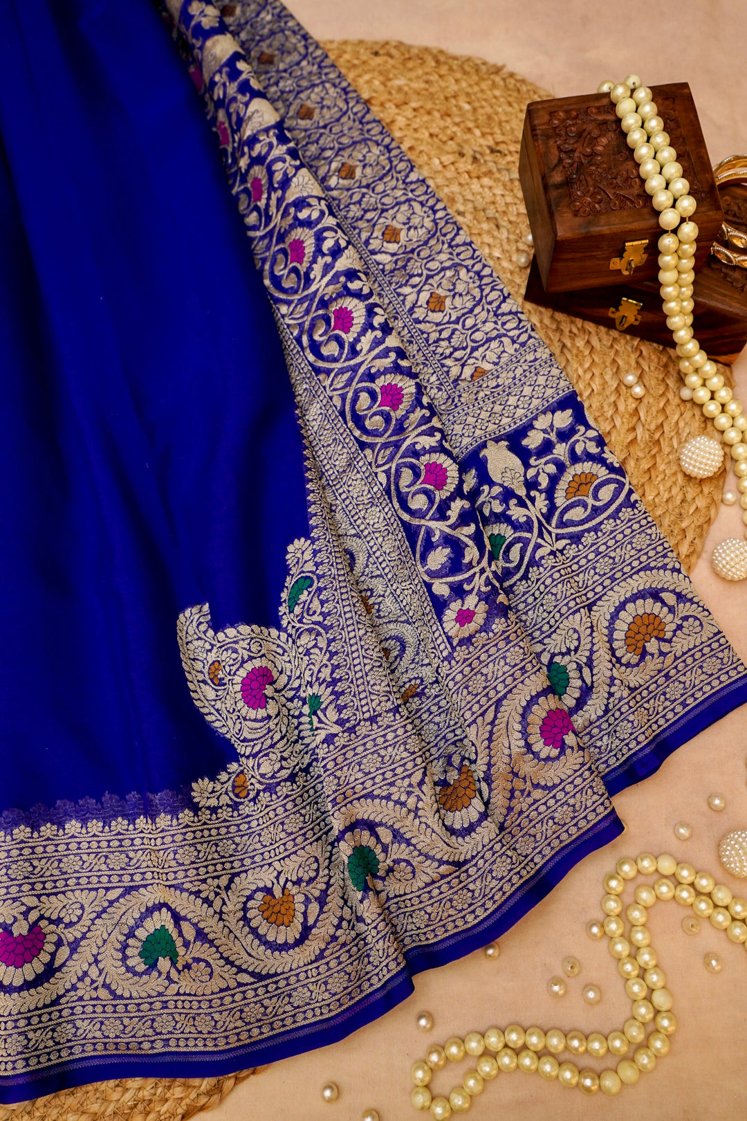 Royal Blue Banarasi Khaddi Chiffon Konia Pallu Meenakari Saree View 1