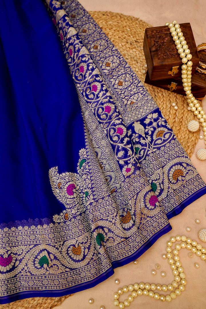 Royal Blue Banarasi Khaddi Chiffon Konia Pallu Meenakari Saree View 1