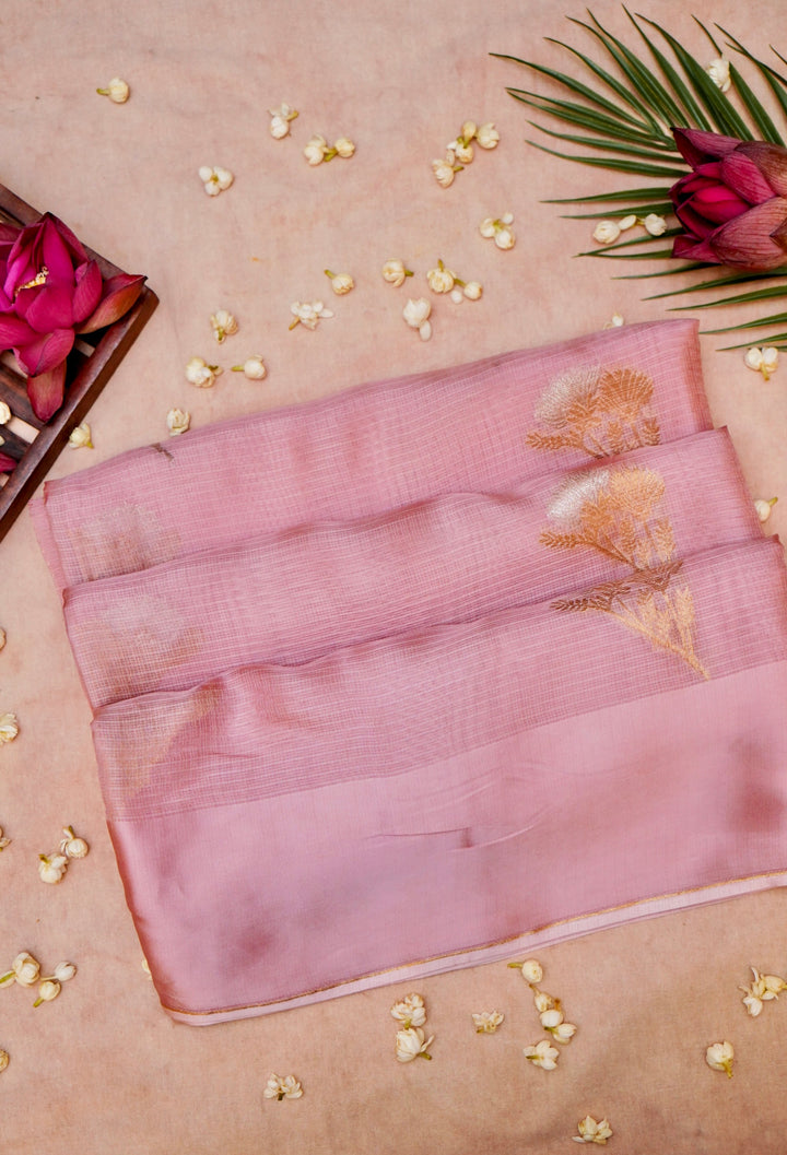 Graceful Pink Kota Check Saree Sona Rupa Zari Floral Motifs on Classic Handwoven Checks
