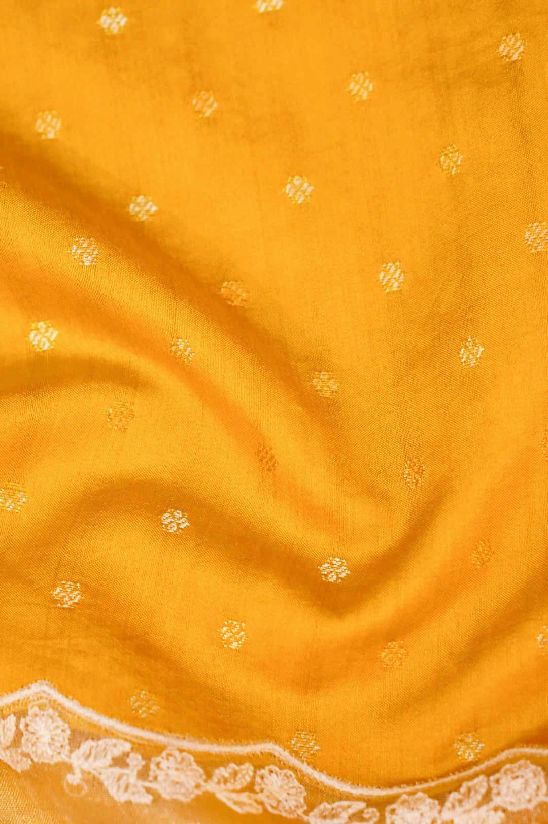 Haldi Ceremony Yellow Pure Handloom Chiniya Silk Saree with Appliqué Resham Embroidery
