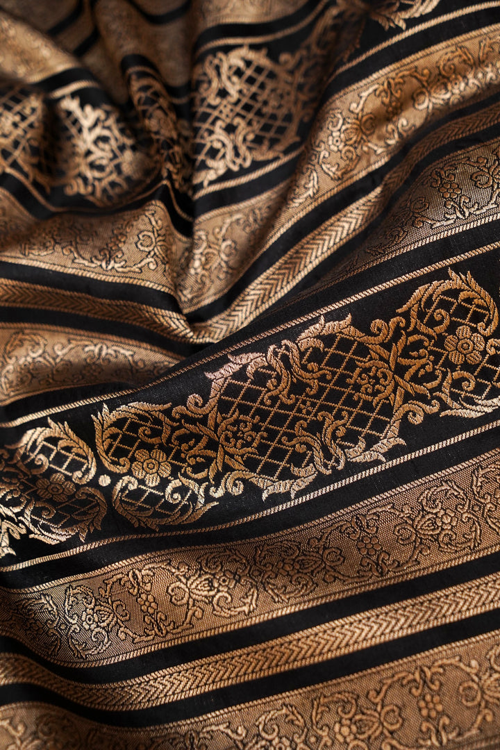 Handwoven Black Banarasi Pure Katan Silk Contemporary Saree with Zari Stripe Design