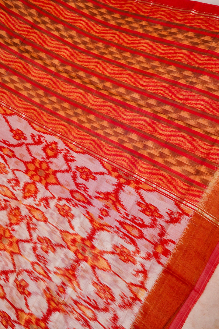 White Patola Cotton Silk Saree with Multi-Color Geometric Design