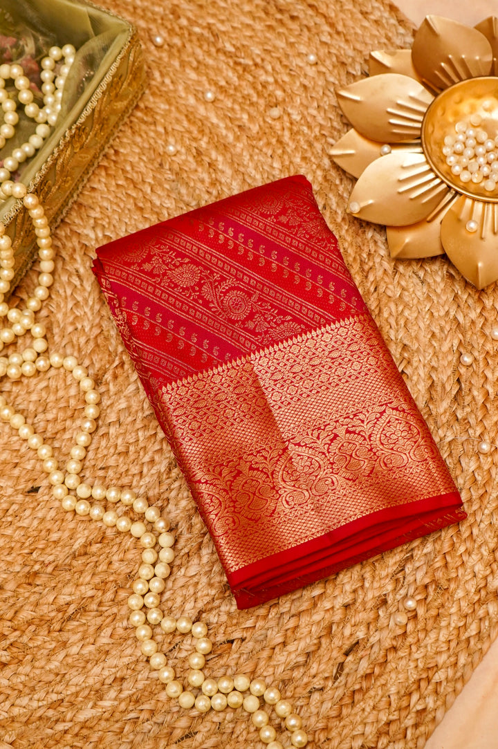 Pure Red Kanjivaram Silk Brocade Saree with Zari Weaving View 1