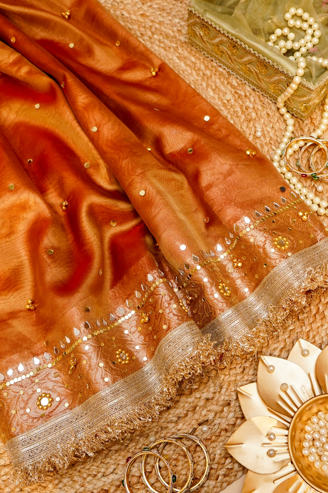 Pumpkin Orange Viral Ghungru Tissue Silk Saree with Mirror Work View 1