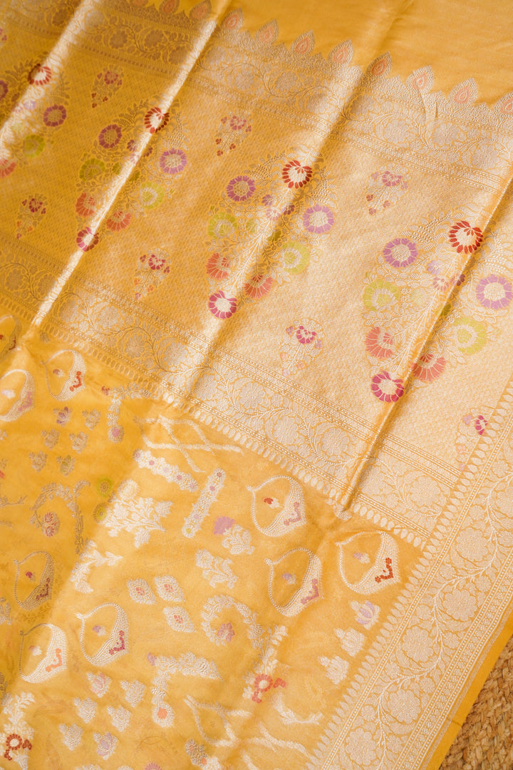 Golden Handwoven Banarasi Pure Tissue Katan Silk Meenakari Jaal Saree