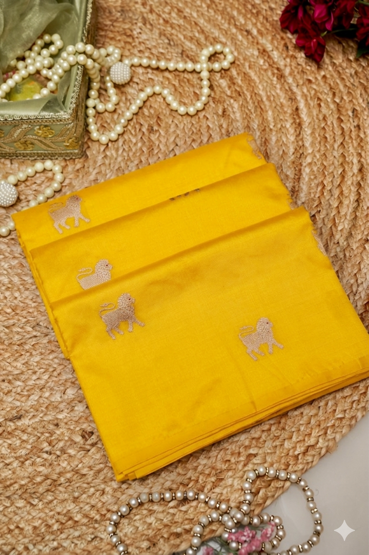 Radiant Yellow Handwoven Banarasi Pure Puna Silk Saree – Haldi Special with Zari Lion Motif
