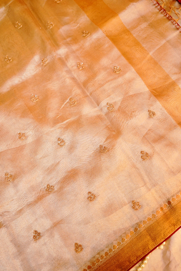 Luxurious Rose Gold Pure Silk Tissue Saree with Zardozi Embroidery