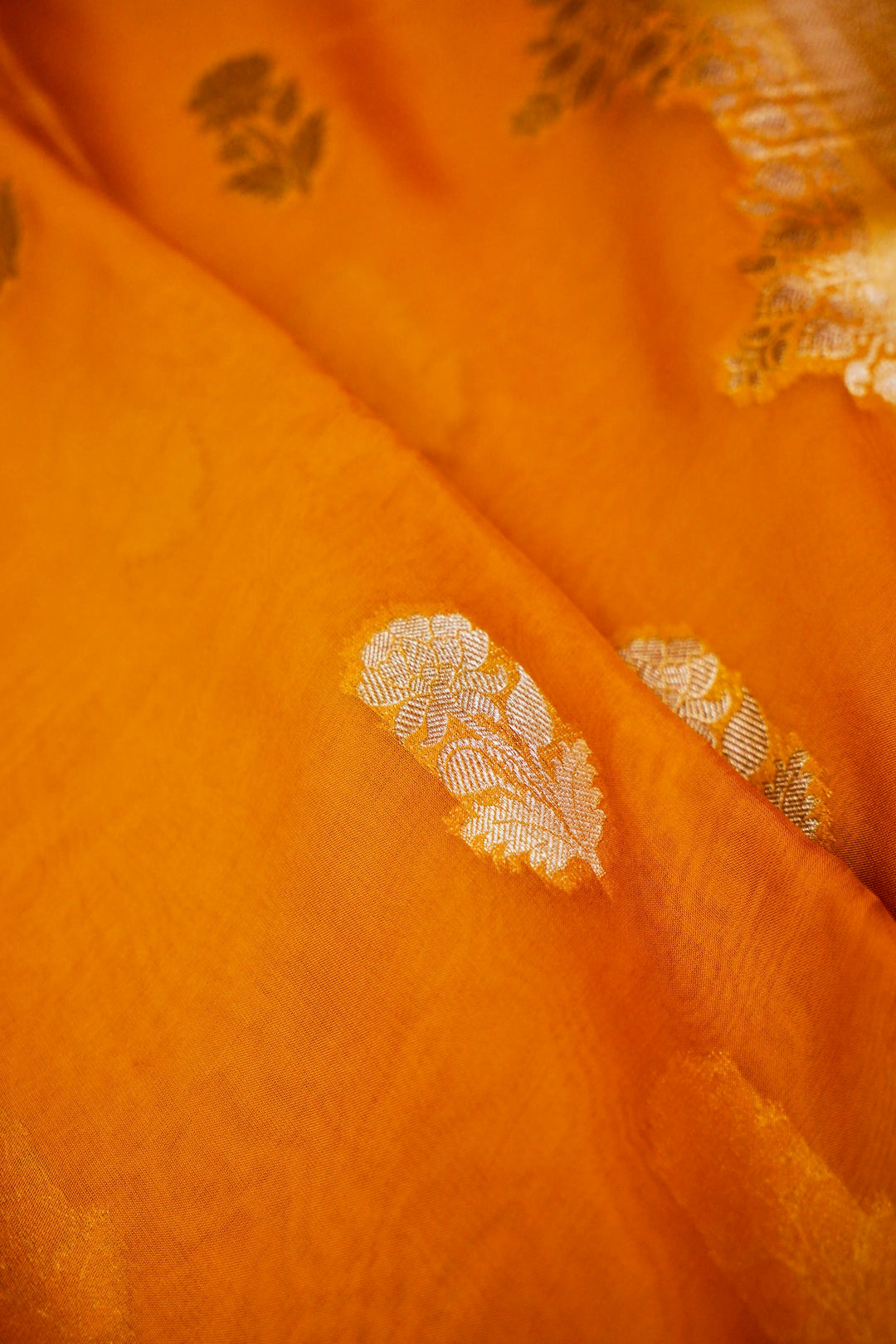 Radiant Mustard Yellow Banarasi Kora Silk Saree Handwoven Bootidar Zari with Leheriya Border