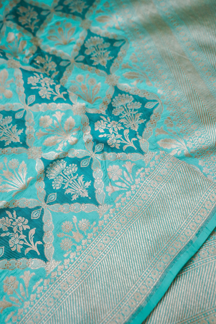 Turquoise Blue Rangkaat Bloom Pure Katan Silk Banarasi Saree View 3
