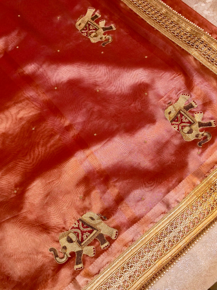 Elephant Motifs Banarasi Maharani Tissue Silk Saree with Hand Embroidery