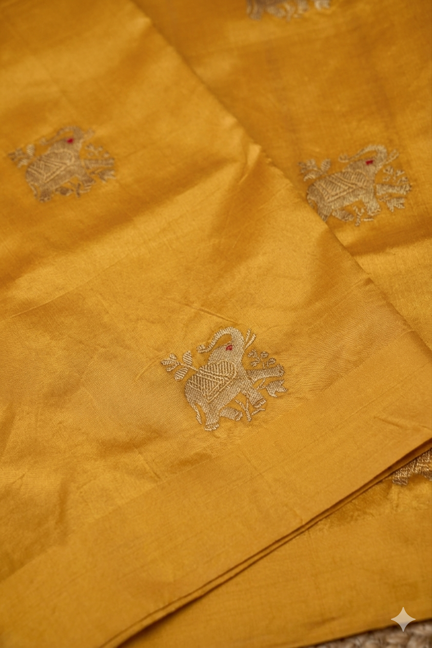 Auspicious Mustard Handwoven Banarasi Pure Puna Silk Saree for Haldi Ceremony with Zari Elephant Motifs