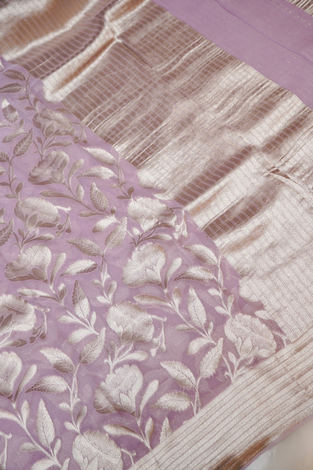 Lavender Pure Georgette Saree with Zari Weave Jangla Design