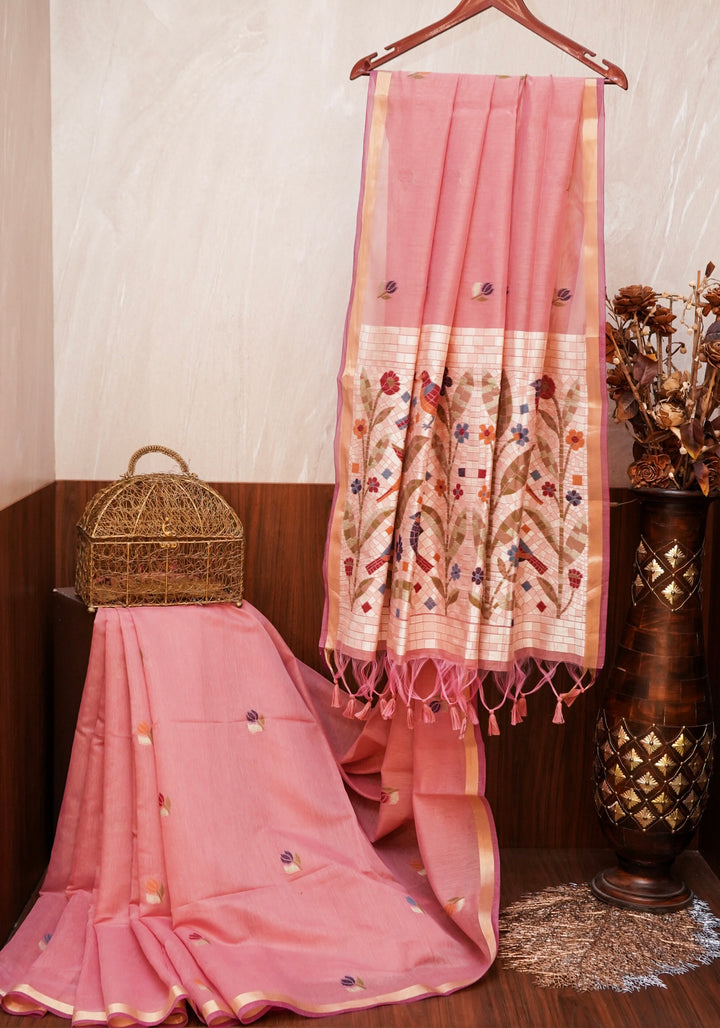 Pink Banarasi Cotton Silk Saree with Tilfi Meenakari Bird Motif Pallu