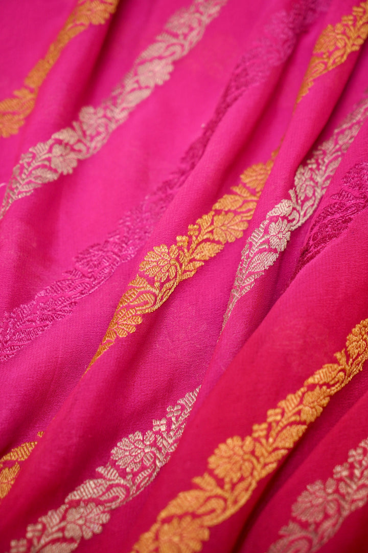 Handloom Pink Pure Banarasi Khaddi Georgette Saree with Ombre Dye &amp; Antique Zari Weaving