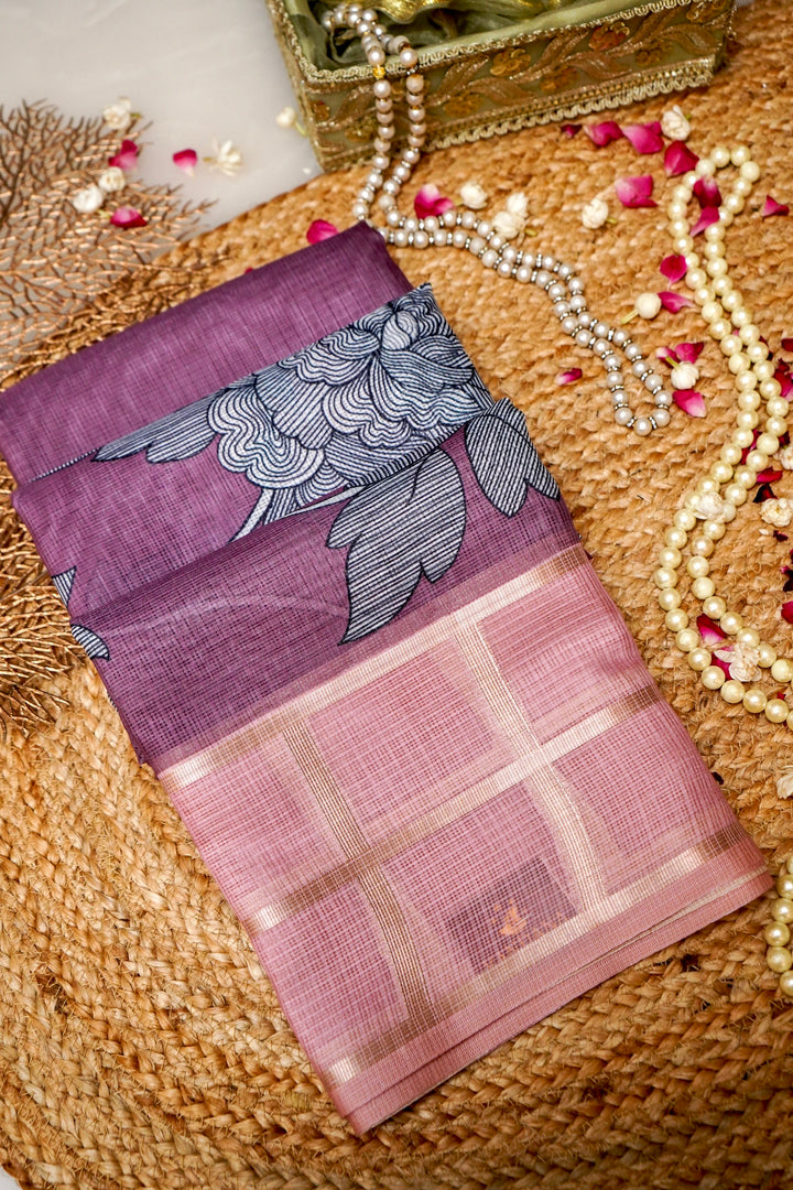 Mauve Pink Kota Check Saree with Printed Body and Zari Weave Check Border View 1