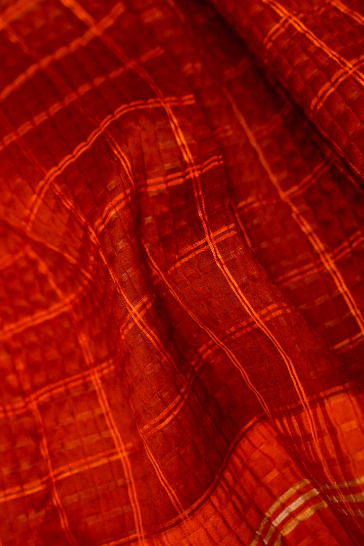 Rust Orange Checkered Grace Pure Banarasi Crush Organza Silk Saree Closeup