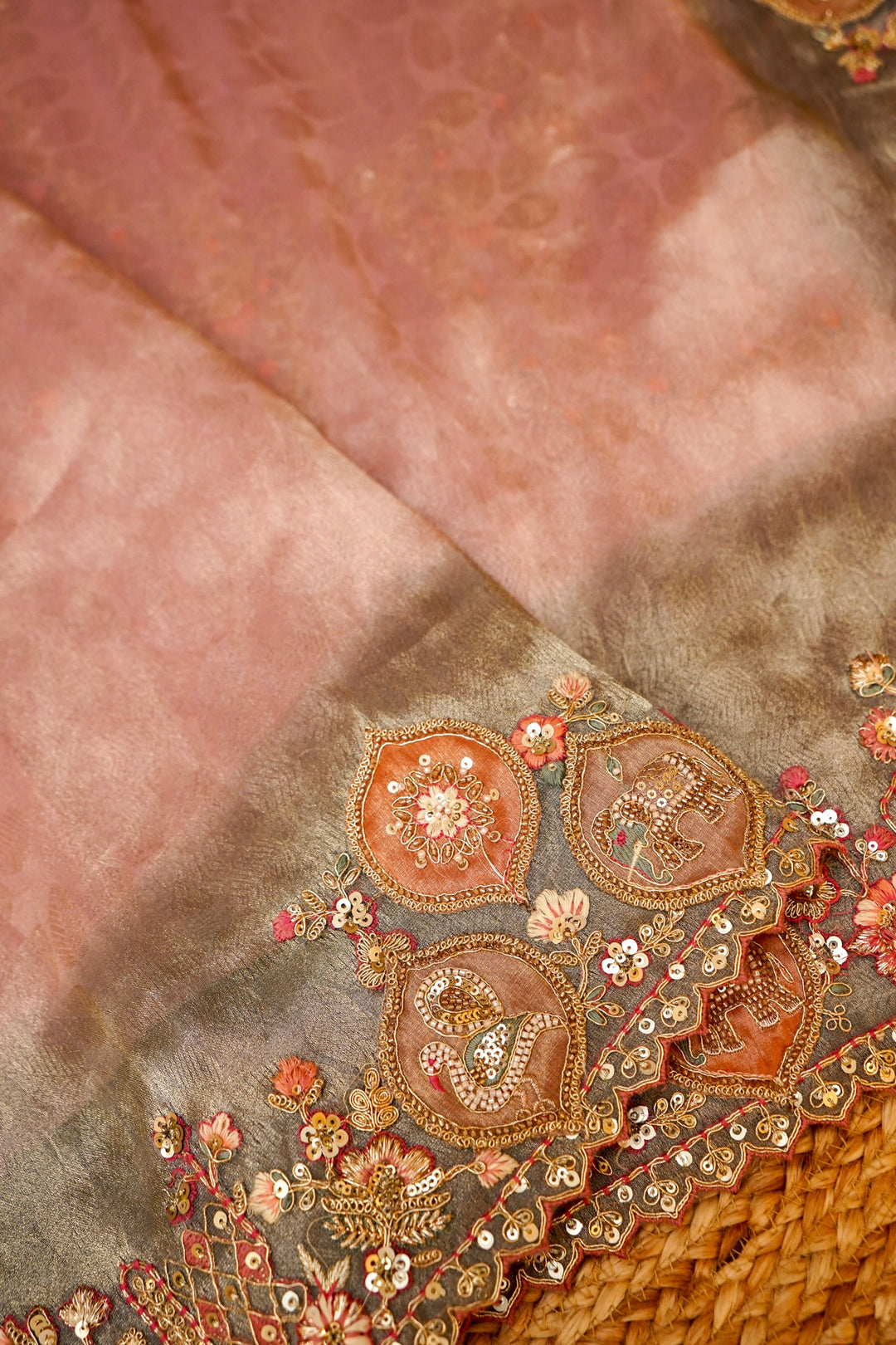 Designer Powder Pink Tissue Silk Multicolour Meenakari Embroidery Saree View 3