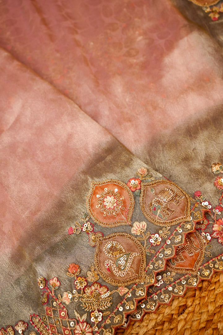 Designer Powder Pink Tissue Silk Multicolour Meenakari Embroidery Saree View 3