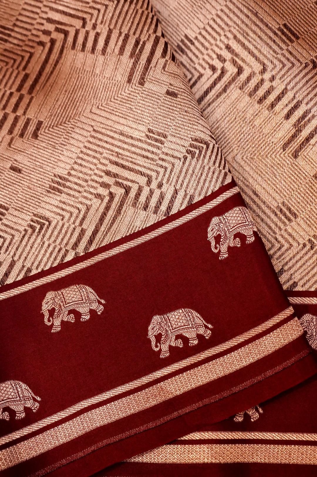 Earthly Elegance – Brown Pure Handloom Organza Silk Saree with Elephant Motif Border