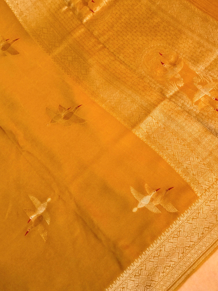 Banarasi Mustard Mashru Silk Saree with Zari Weave Bird Motif