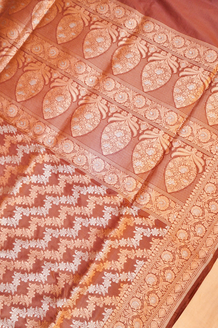 Handloom Pastel Brown Banarasi Pure Katan Silk Saree with Sona Rupa Leheriya Weave