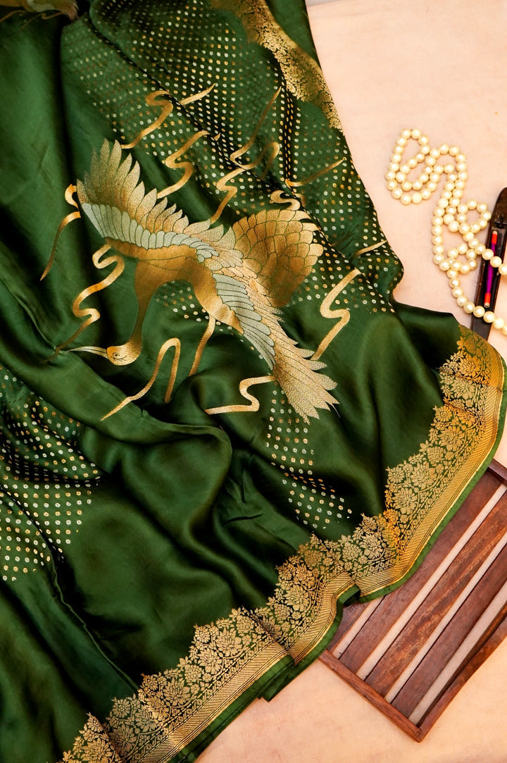 Green Banarasi Satin Crepe Bandhej Weaving Saree with Birds Motif