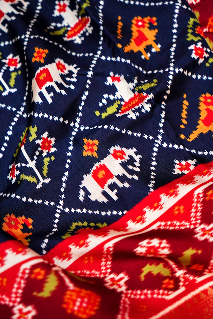 Navy Blue Patola Silk Saree with Zari Weave Contrast Border