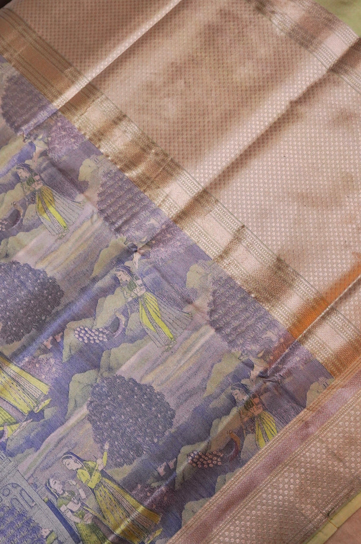 Luxurious Olive Green Banarasi Tanchoi Saree in Pure Katan Silk – Handcrafted Figure Pattern