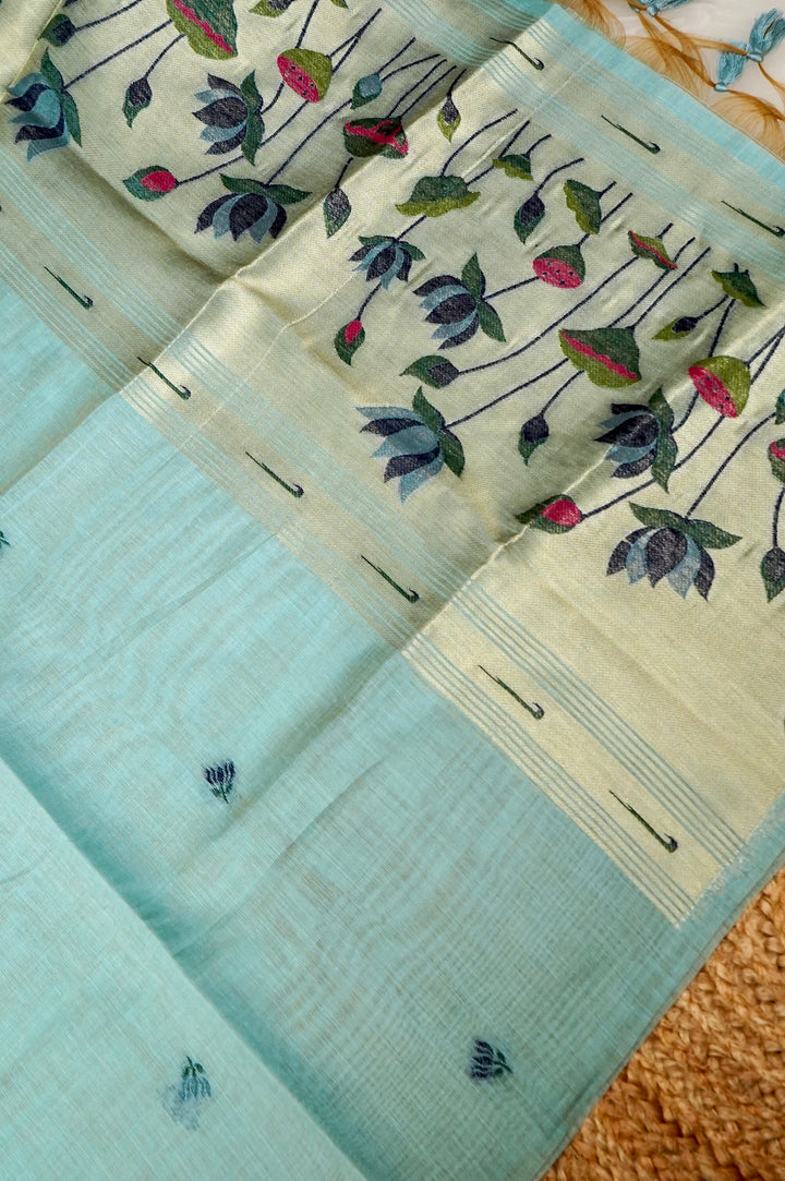 Sky Blue Handwoven Cotton Unstitched Suit Set with Floral Woven Dupatta