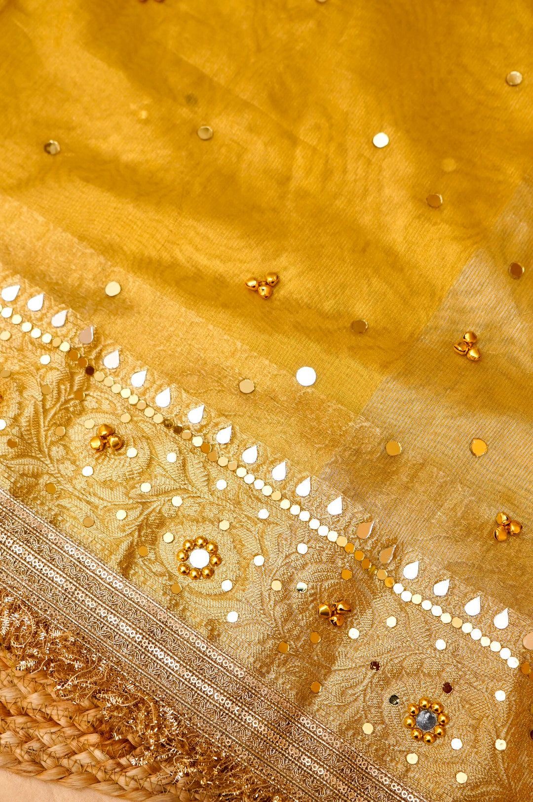 Golden Viral Ghungru Tissue Silk Saree with Mirror Work View 3