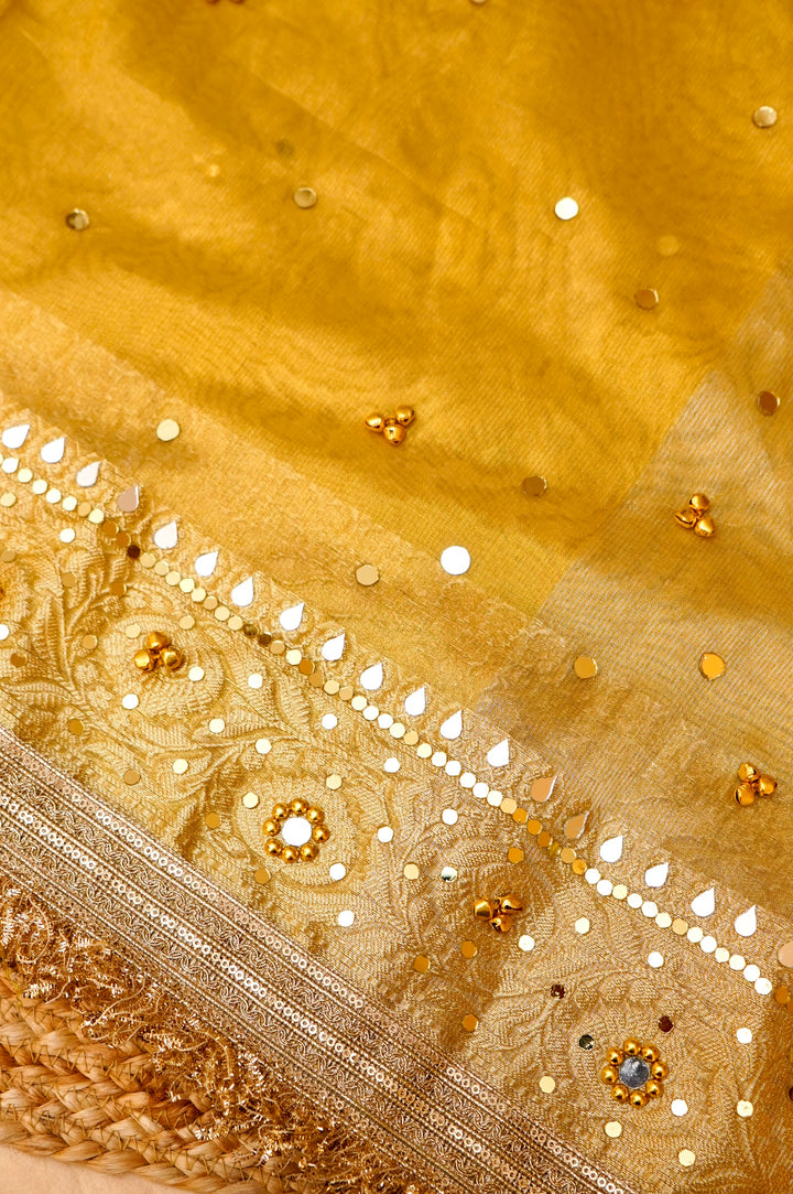 Golden Viral Ghungru Tissue Silk Saree with Mirror Work View 3