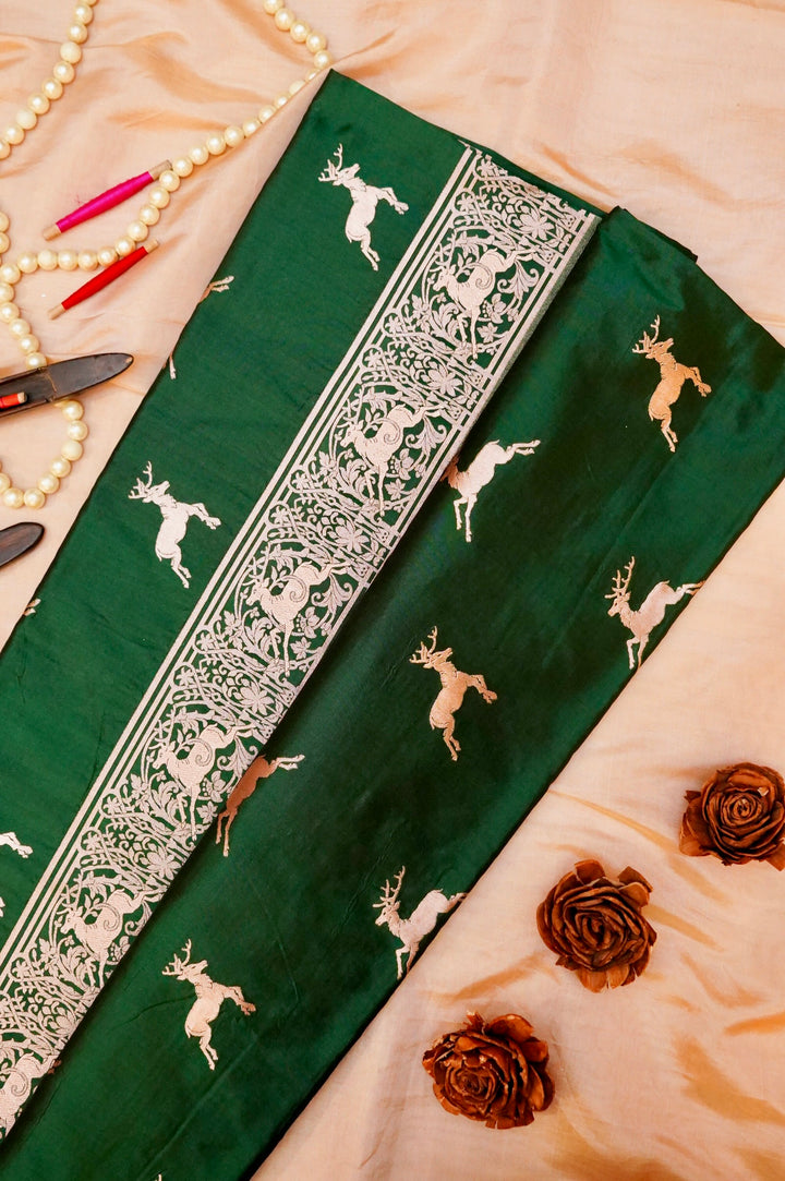 Handwoven Green Banarasi Pure Katan Silk Animal Motif Saree