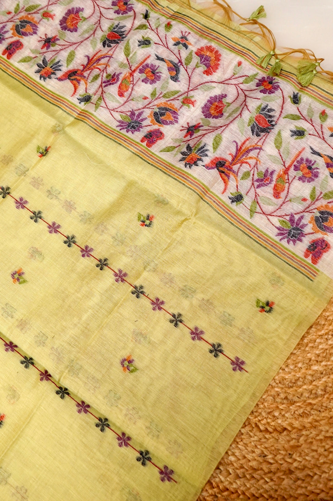 Lemon Yellow Handwoven Linen Unstitched Suit Set with Multicolor Floral &amp; Bird Embroidery