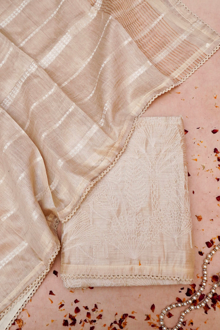 Off-White Tussar Silk Suit with Resham Embroidery and Zari Stripe Dupatta